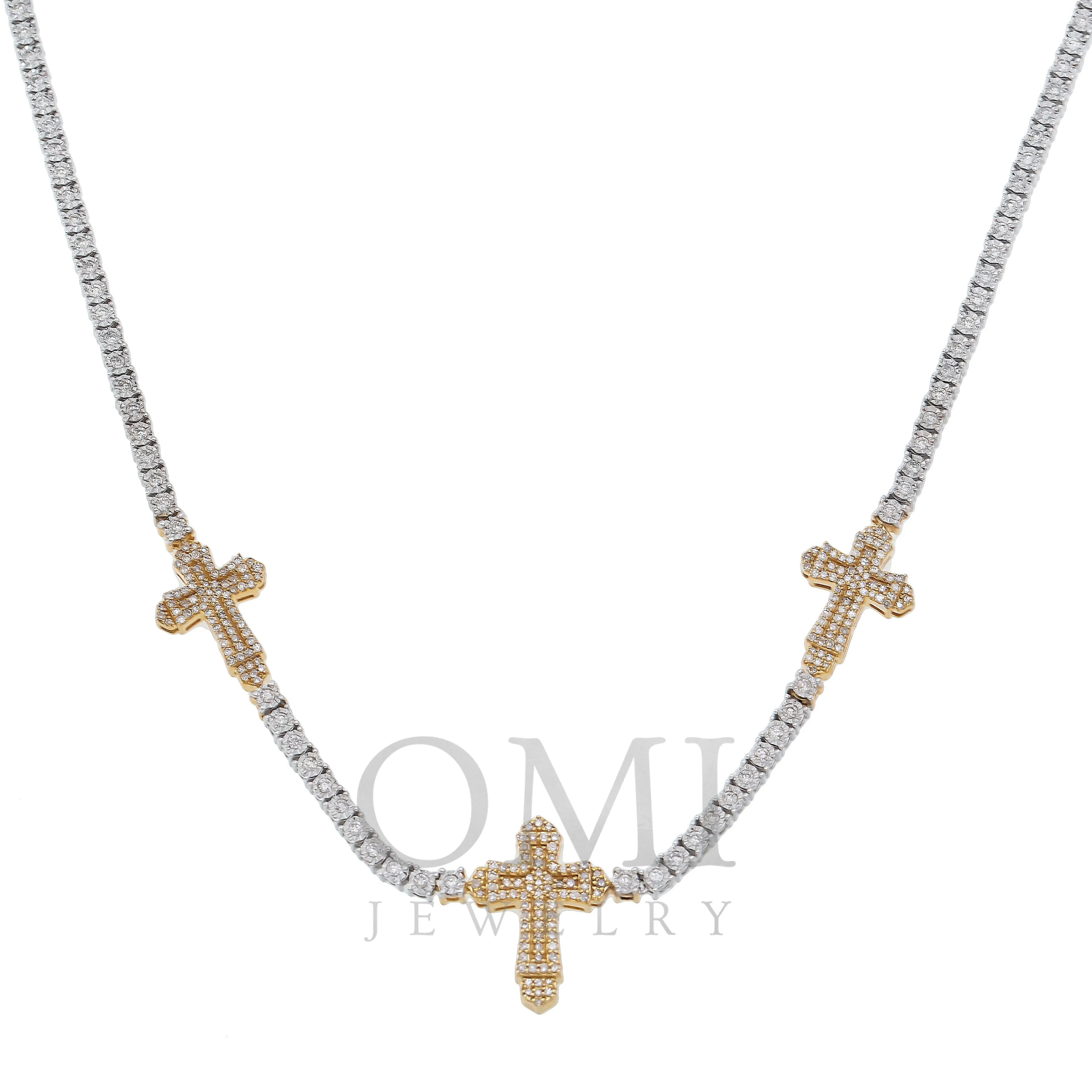 10K GOLD 2.71MM TWO-TONE ROUND DIAMOND CROSS CHAIN 2.15 CT