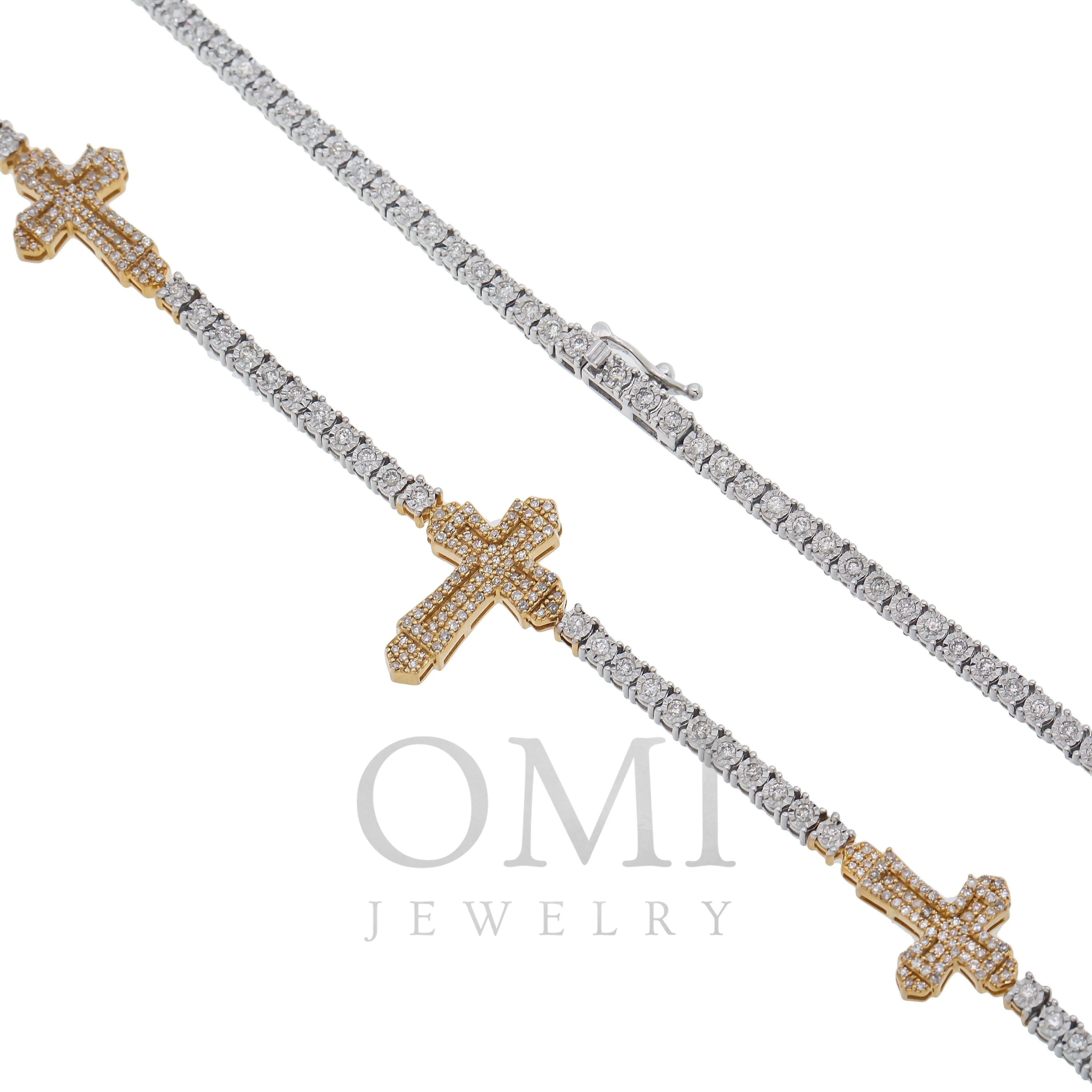 10K GOLD 2.71MM TWO-TONE ROUND DIAMOND CROSS CHAIN 2.15 CT