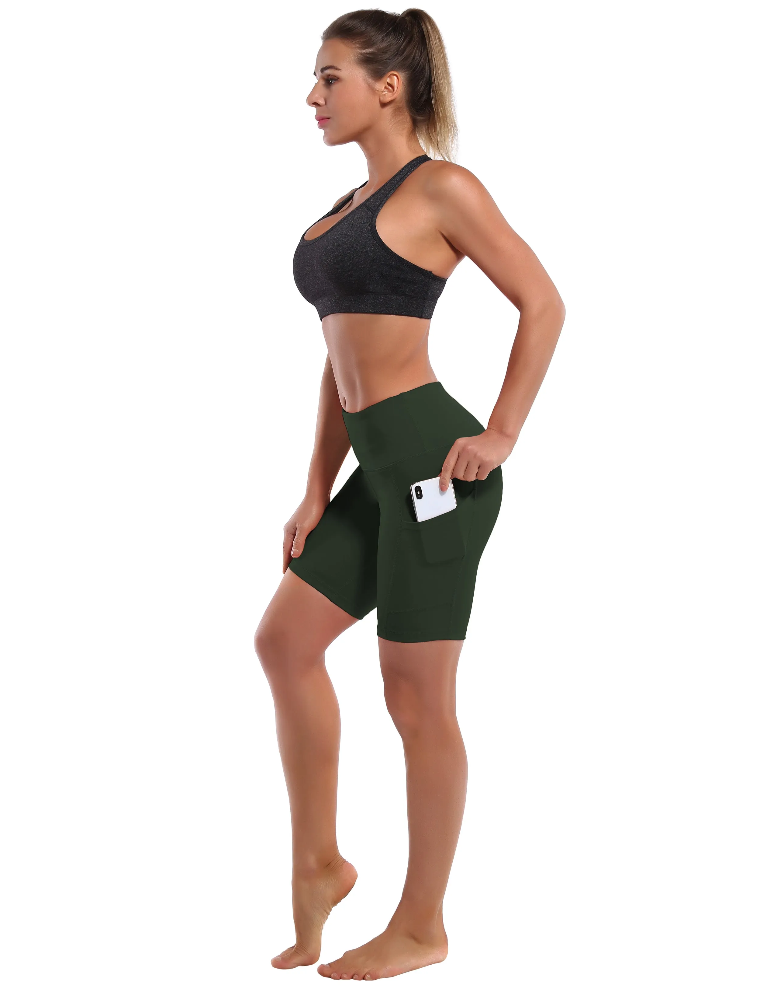 8" Side Pockets Yoga Shorts olivegray