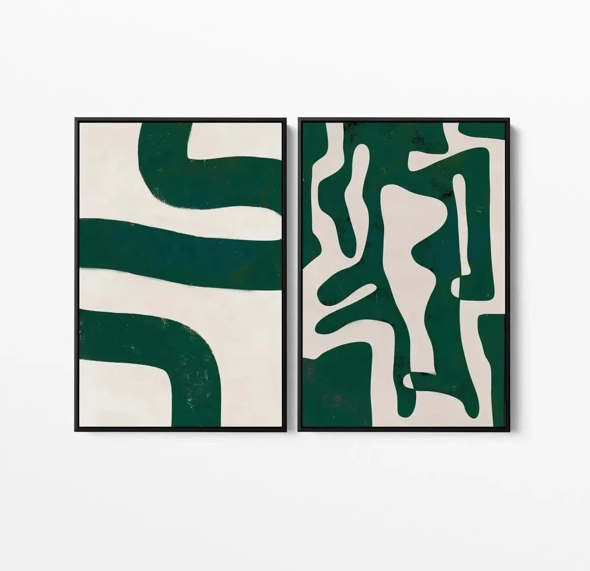 A Curious Journey- Two Piece Green Boho Contemporary Abstract Geometric Print Set on Canvas or Art Prints