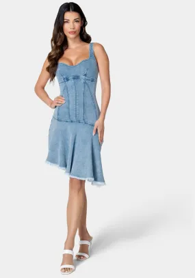 Asymmetric Hem Fitted Denim Dress