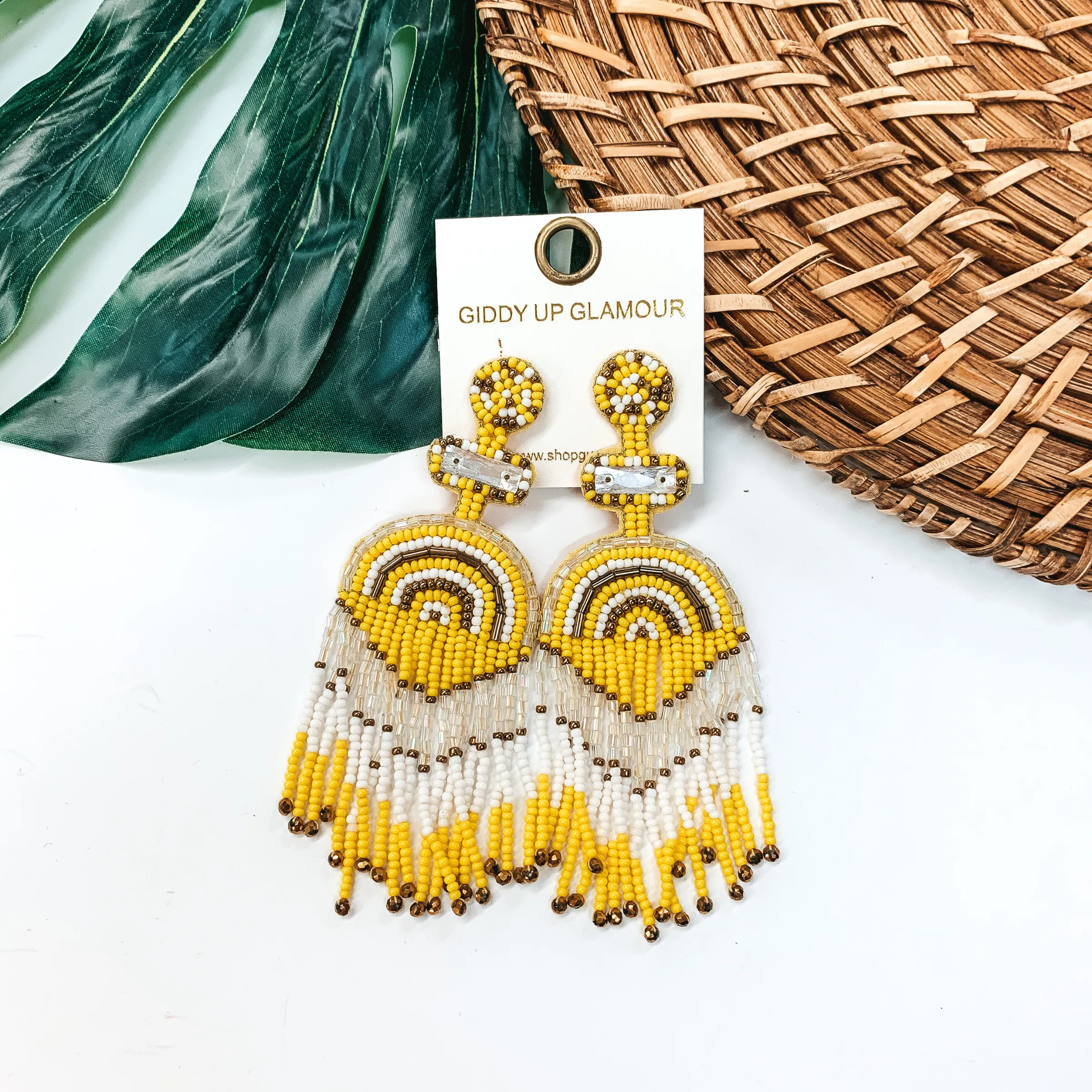 Balcony Views Seed Bead Fringe Earrings in Yellow