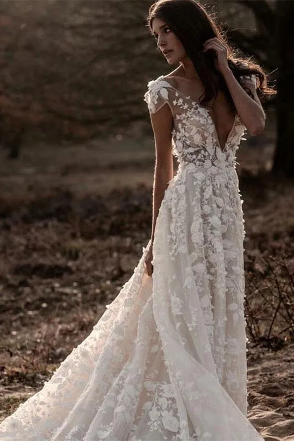 Beach Ivory A-line Wedding Gown with V-neck and Lace Appliques, WD2308223