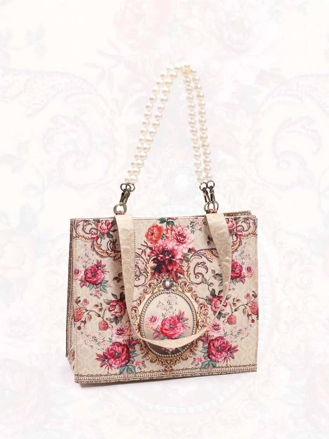 Beige Printed Crepe Handbag