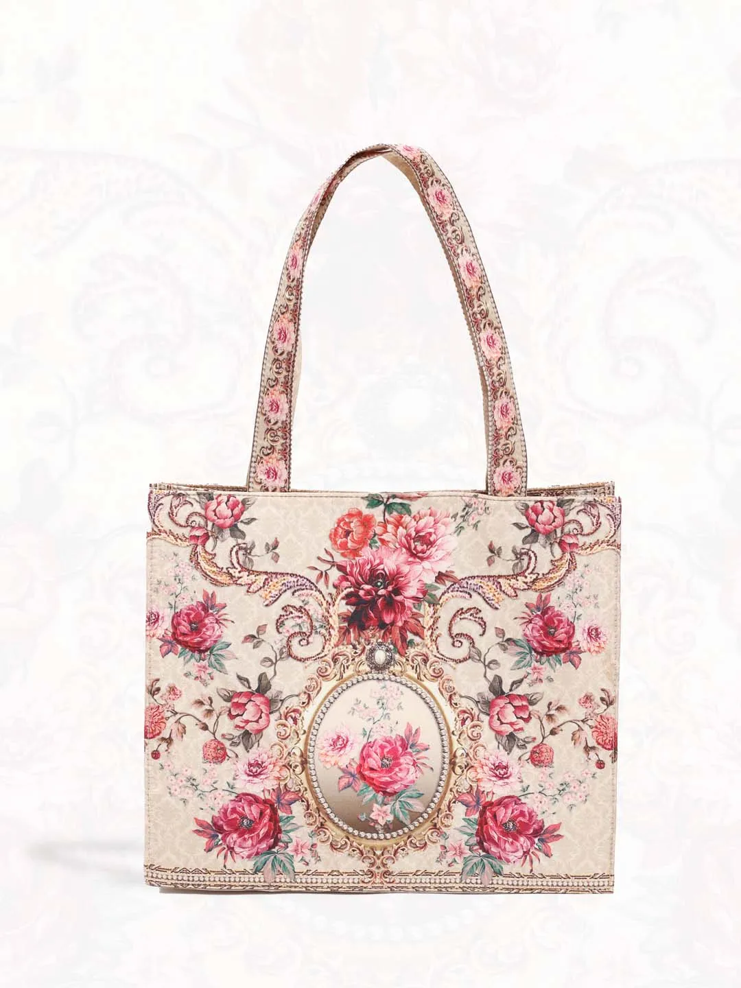 Beige Printed Crepe Handbag