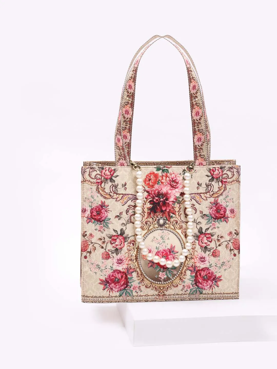 Beige Printed Crepe Handbag