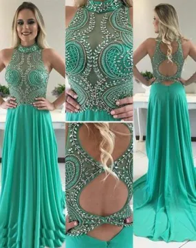 blue beaded chiffon long prom dresses,evening dresses, PD1316