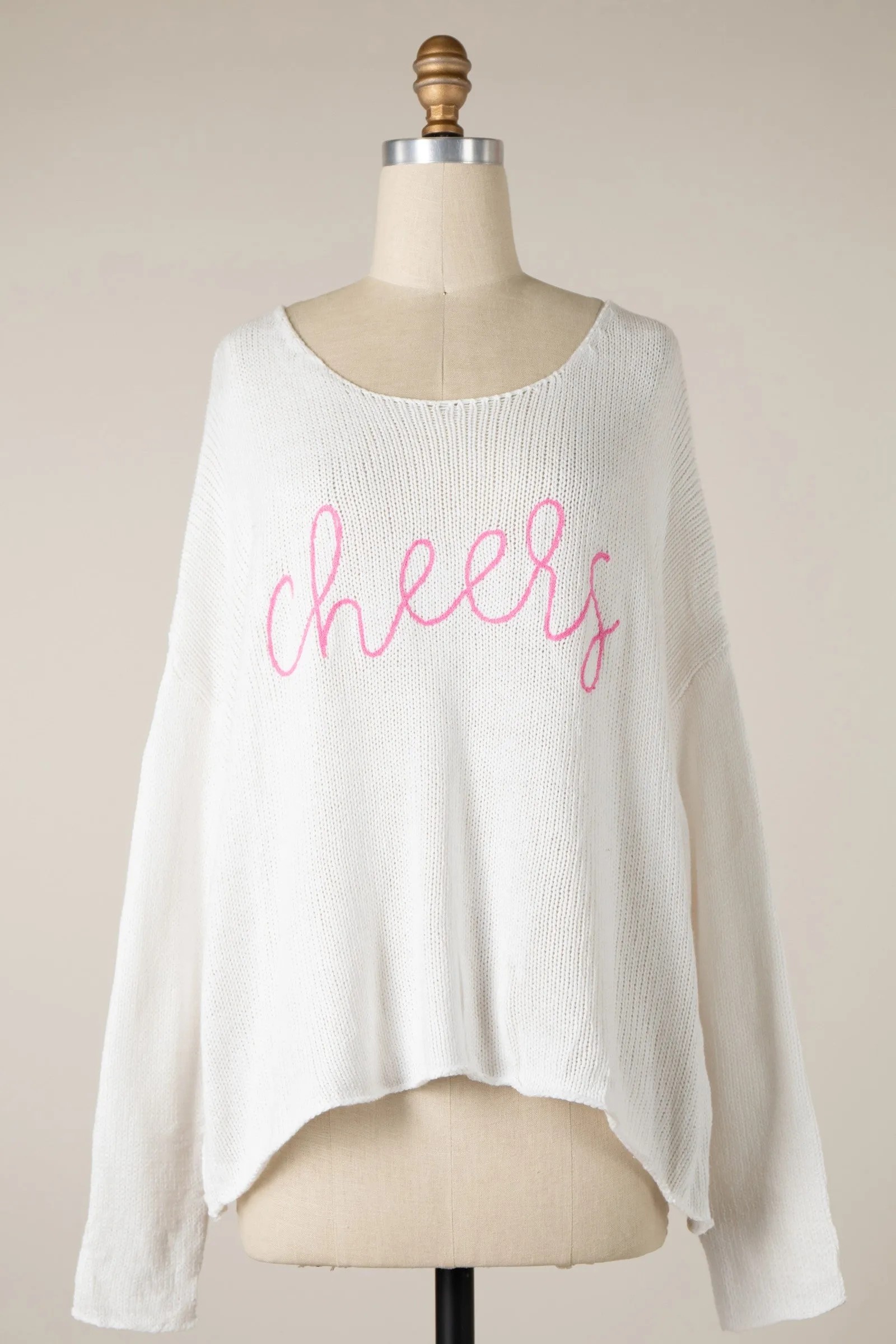 'Cheers' Cursive Lightweight Knit Sweater - White & Pink