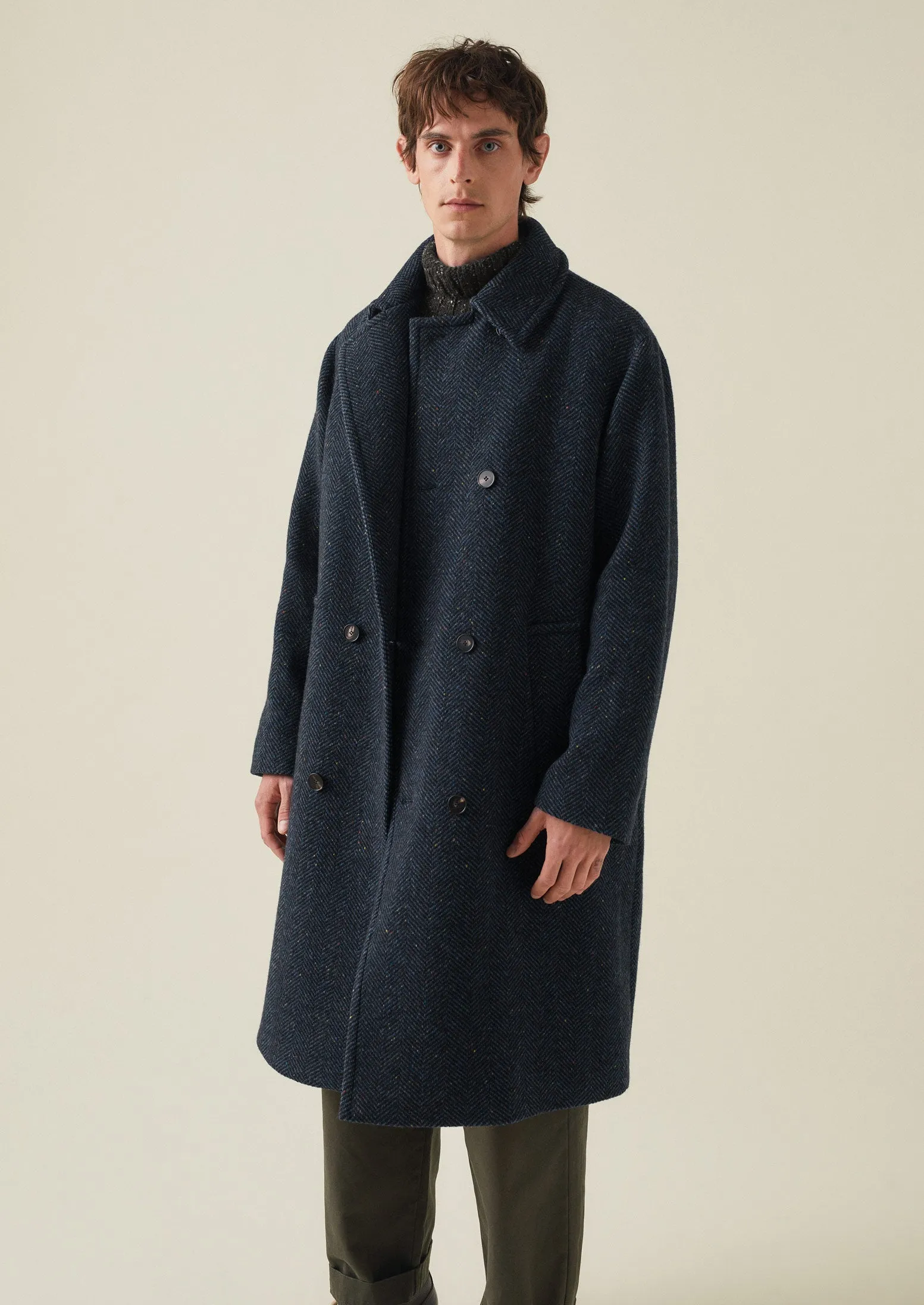 Double Breasted Wool Overcoat | Navy Melange