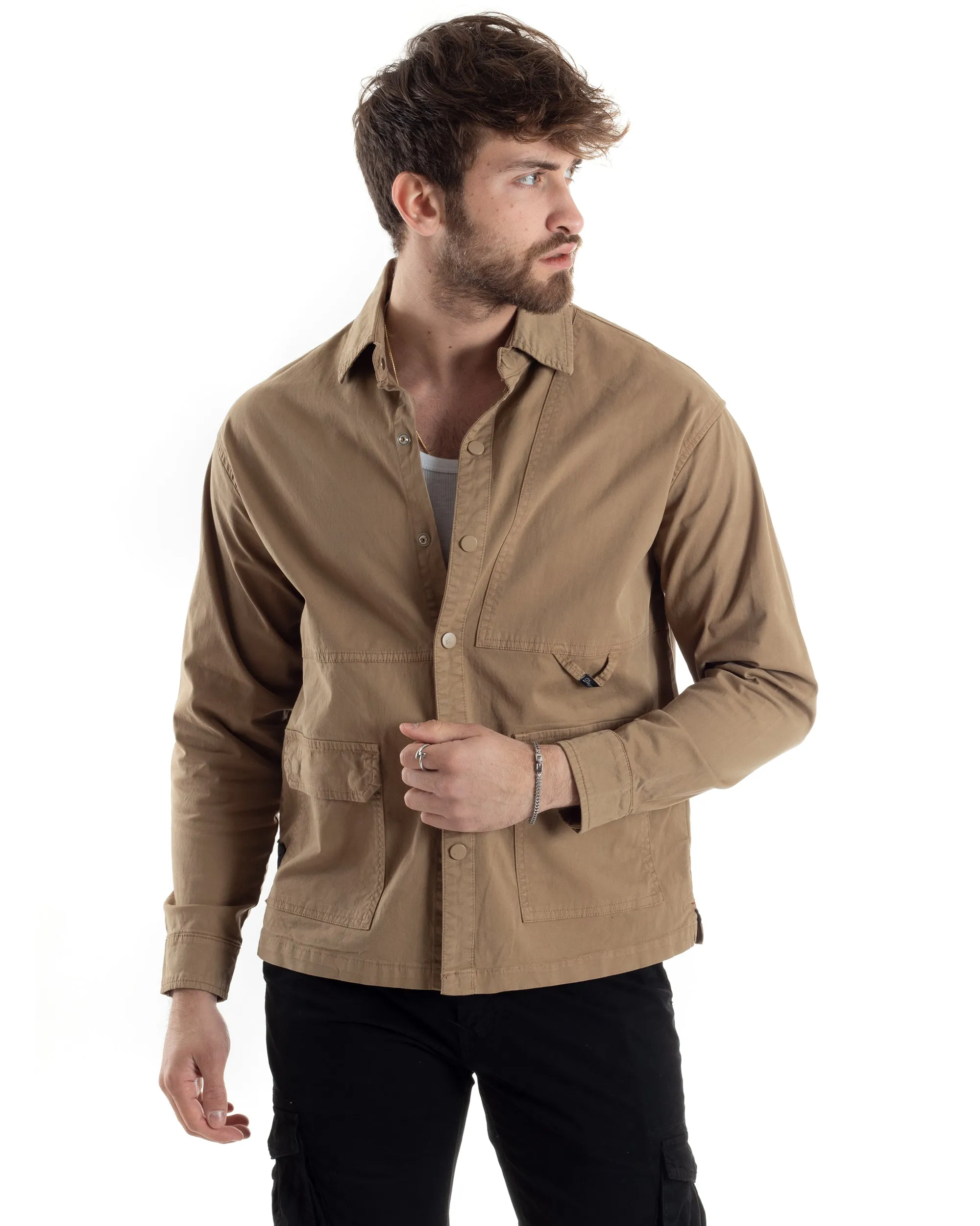 Giacca Utility Cargo Giubbotto Uomo Con Tasche Sahariana Con Colletto Carpenter Beige GIOSAL-G3175A