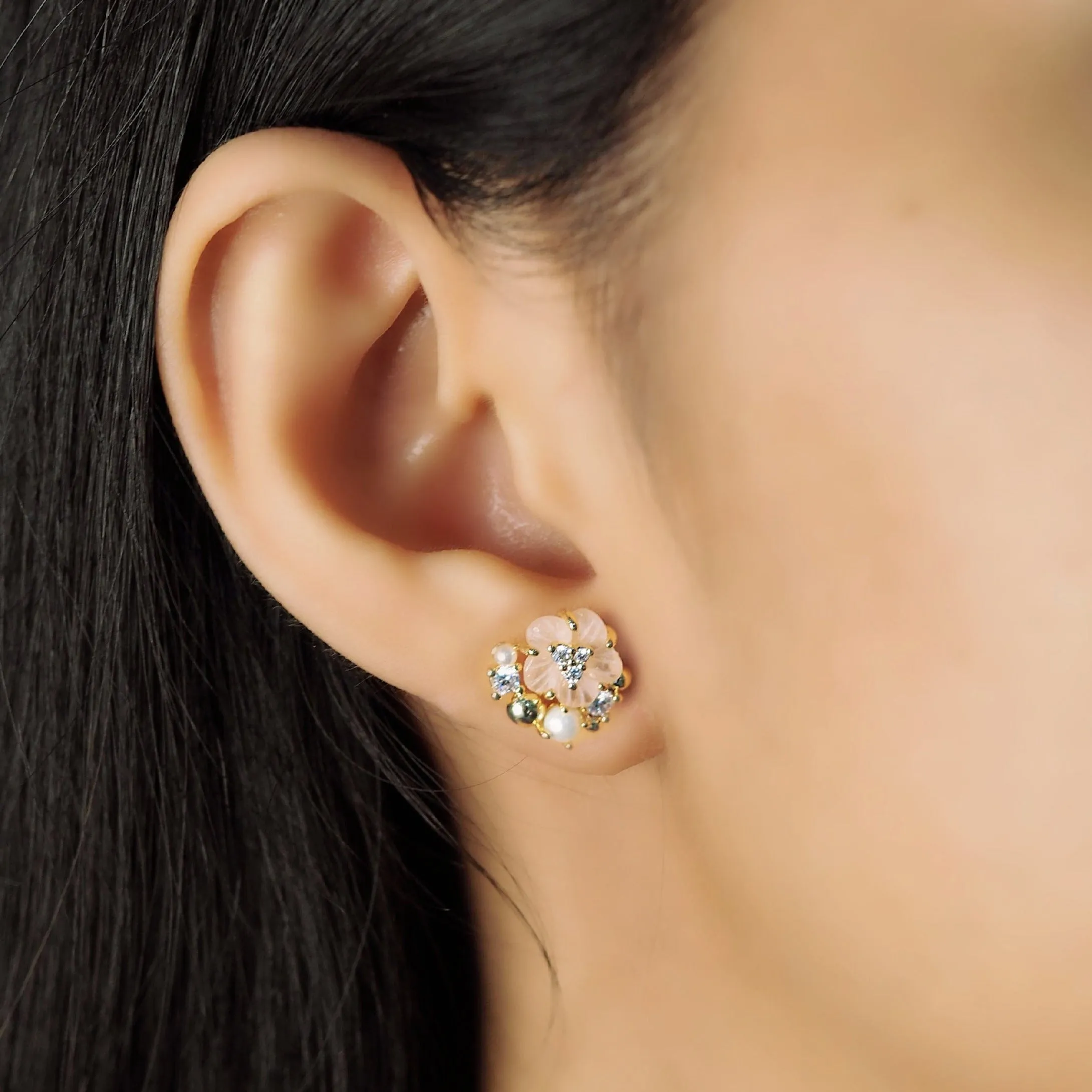 Glass Flower Stud With Pearl Accents