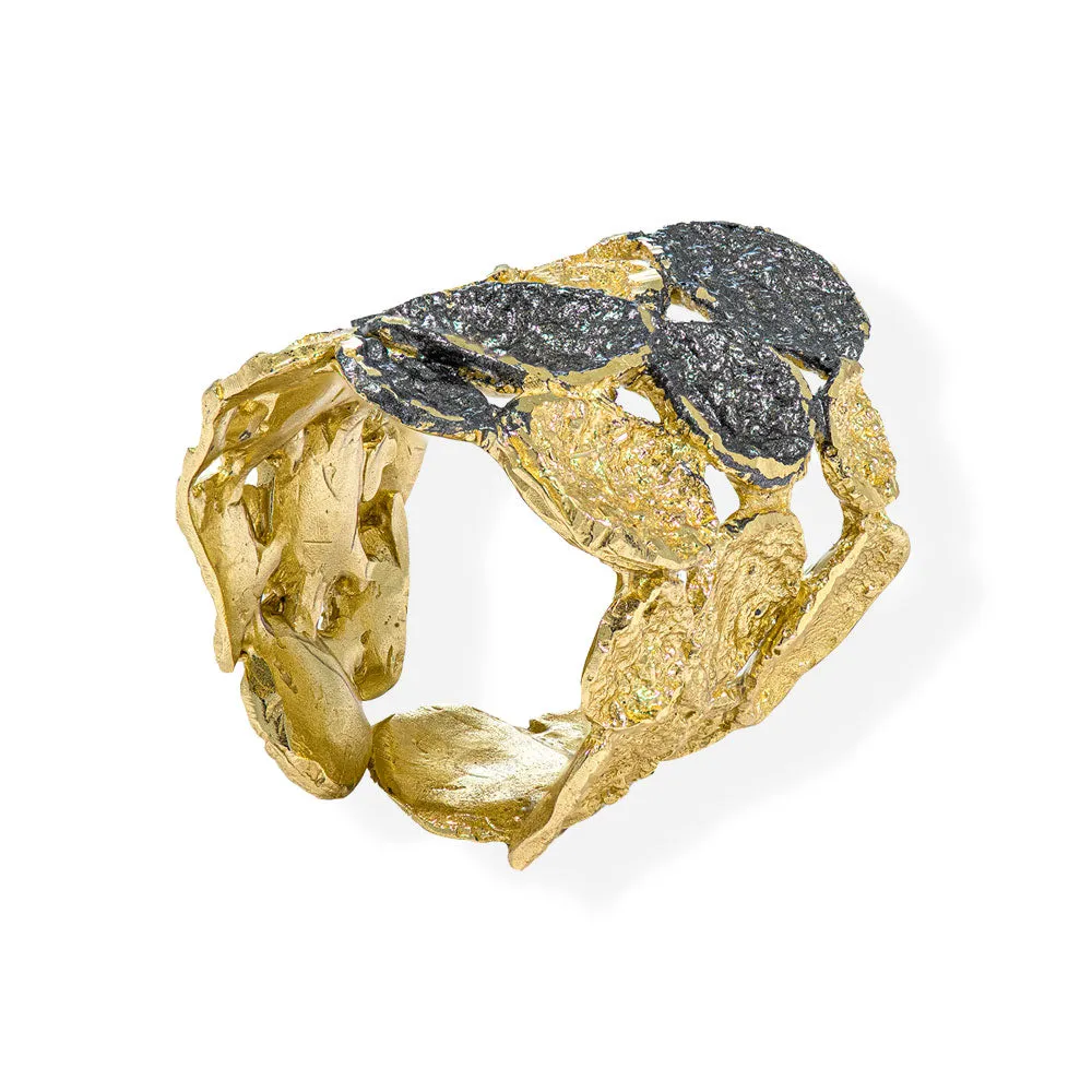 Handmade Diamond Curved Gold & Black Plated Ring Cactus