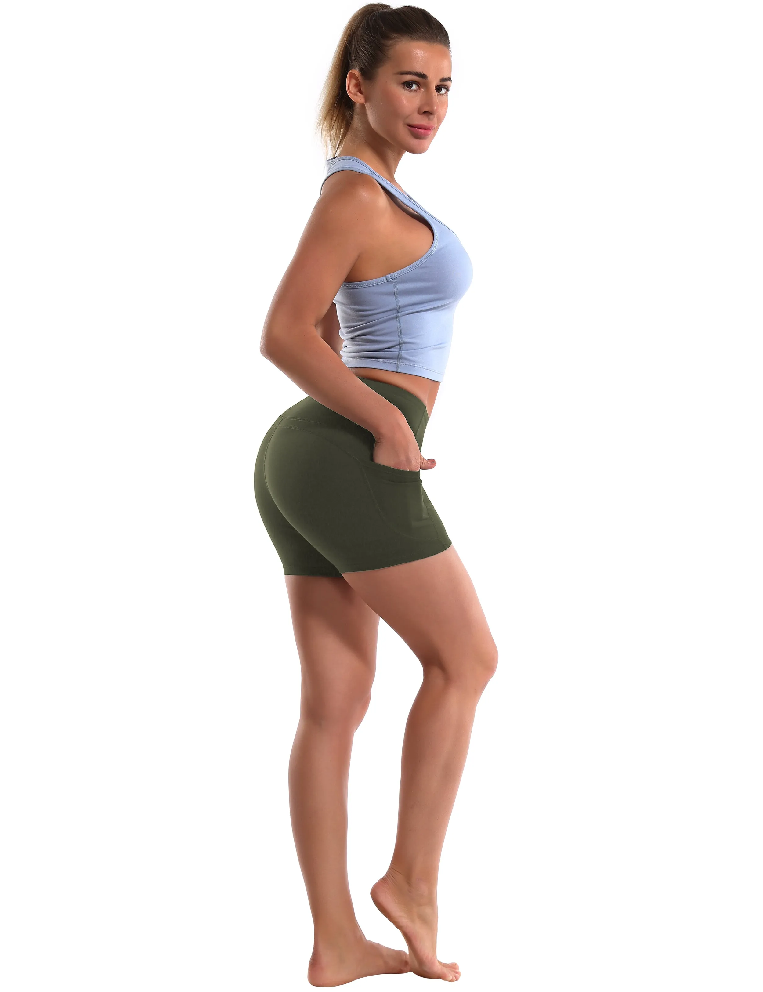 High Waist Side Pockets Yoga Shorts green