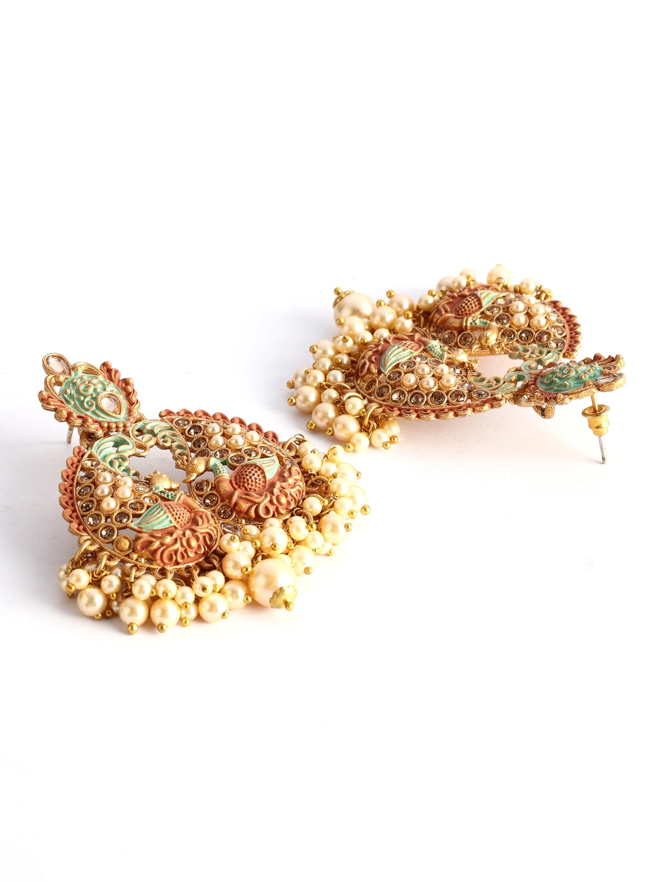 Ishin Gold Toned Meenakari Peacock Shaped Drop Earring