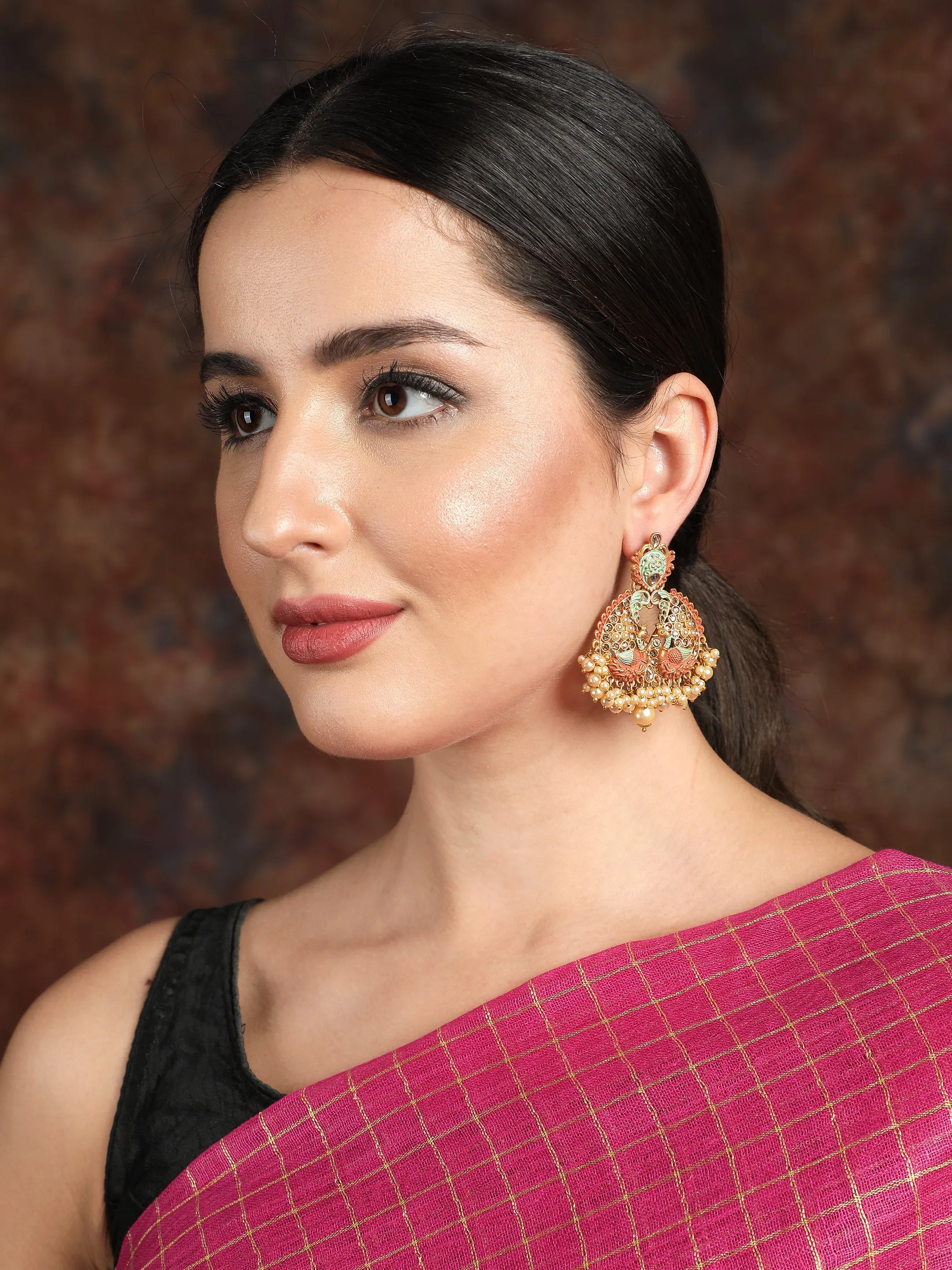 Ishin Gold Toned Meenakari Peacock Shaped Drop Earring