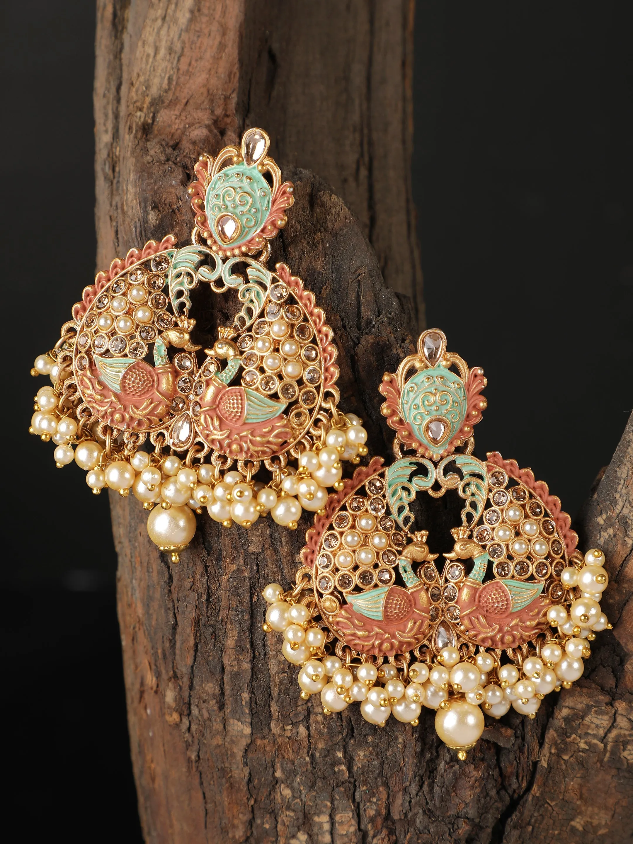 Ishin Gold Toned Meenakari Peacock Shaped Drop Earring