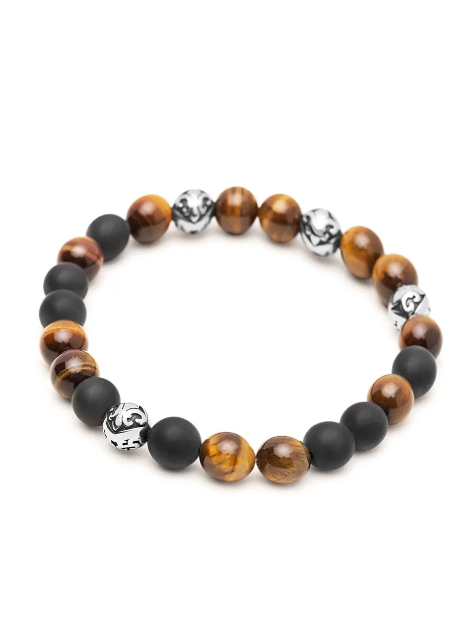 Men's Wristband with Brown Tiger Eye and Matte Onyx