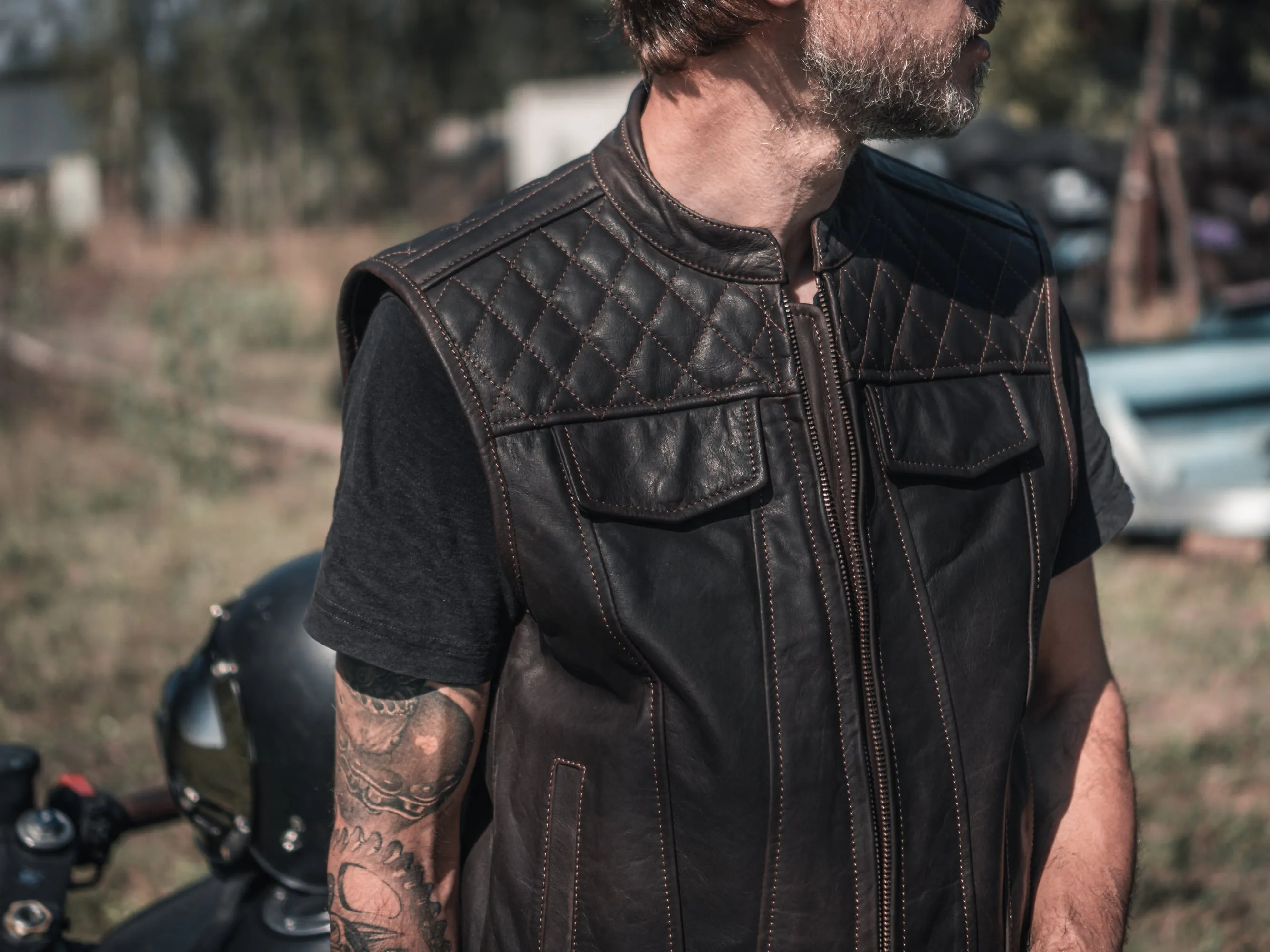 Motorcycle Leather Vest | Dark Brown Color | Handcrafted