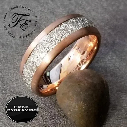 Personalized Men's Tungsten Wedding Ring - Meteorite Inlay 14k Rose Gold Ip