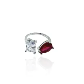 Red and White CZ Diamond Double Stone Ring