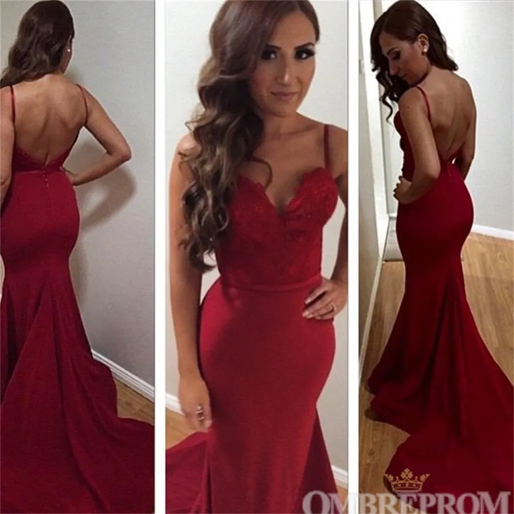 Red Spaghetti Straps V Neck Backless Long Mermaid Prom Dresses