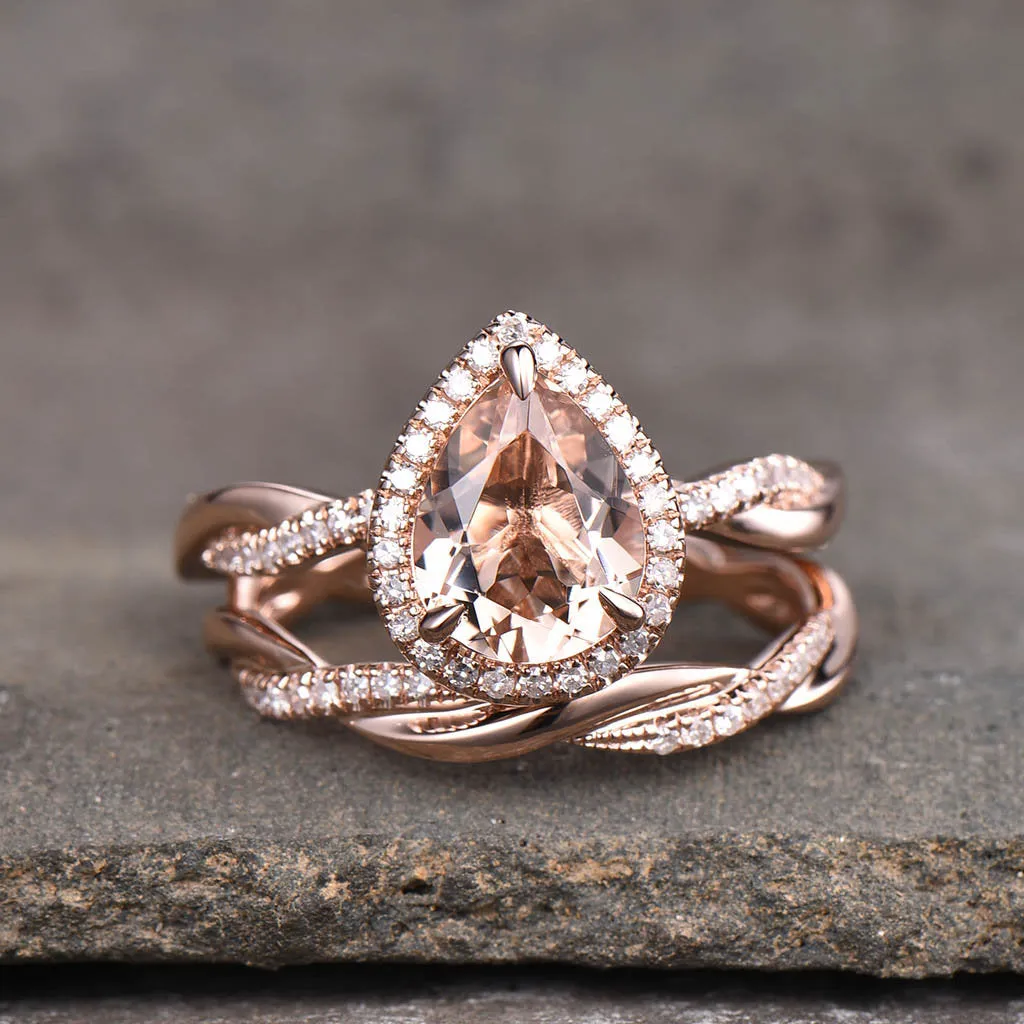 Rose Gold Vintage Pear Cut Twist Bridal Ring in Sterling Silver