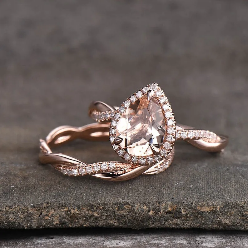 Rose Gold Vintage Pear Cut Twist Bridal Ring in Sterling Silver