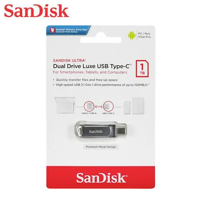 SanDisk Ultra Dual Drive Luxe USB Type C Flash Drive 2 in 1 Connector USB 3.1 Gen 1 Speed 150MB/s** 64GB 128GB 256GB 512GB 5 Years Warranty