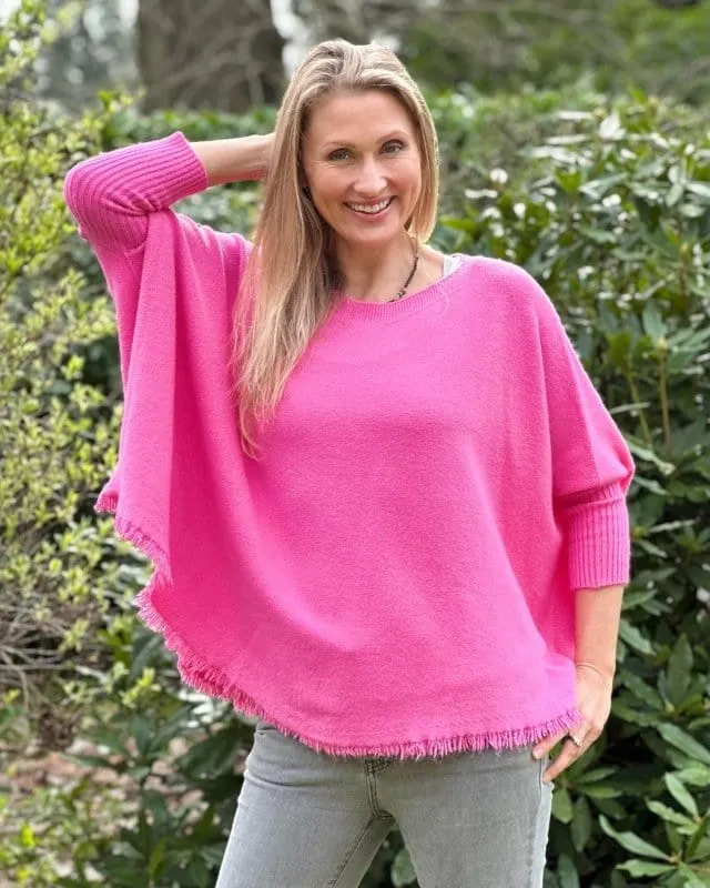 Slash Neck Fringed Poncho Jumper - Fuchsia