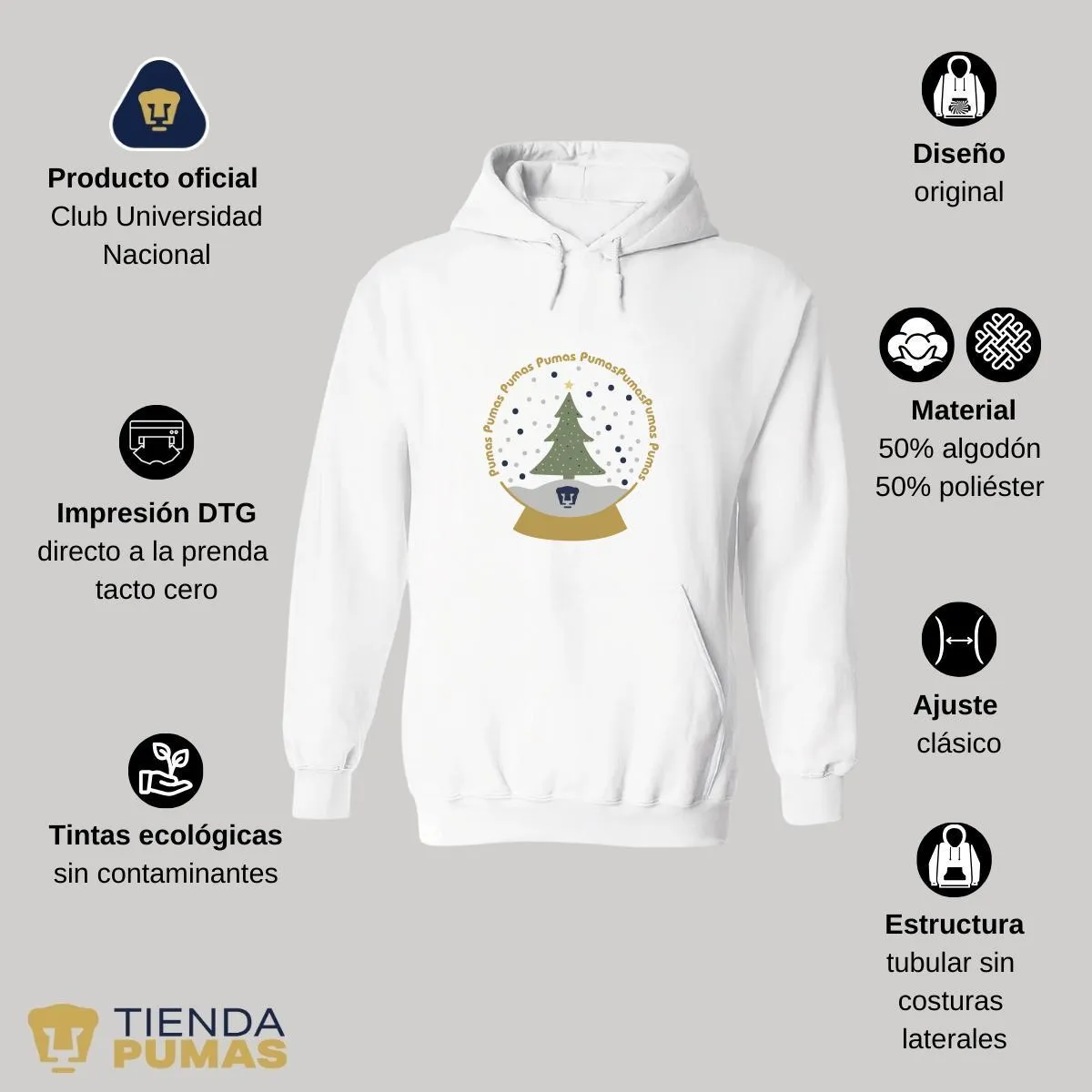 Sudadera Hombre Hoodie  Pumas UNAM Domo Nieve