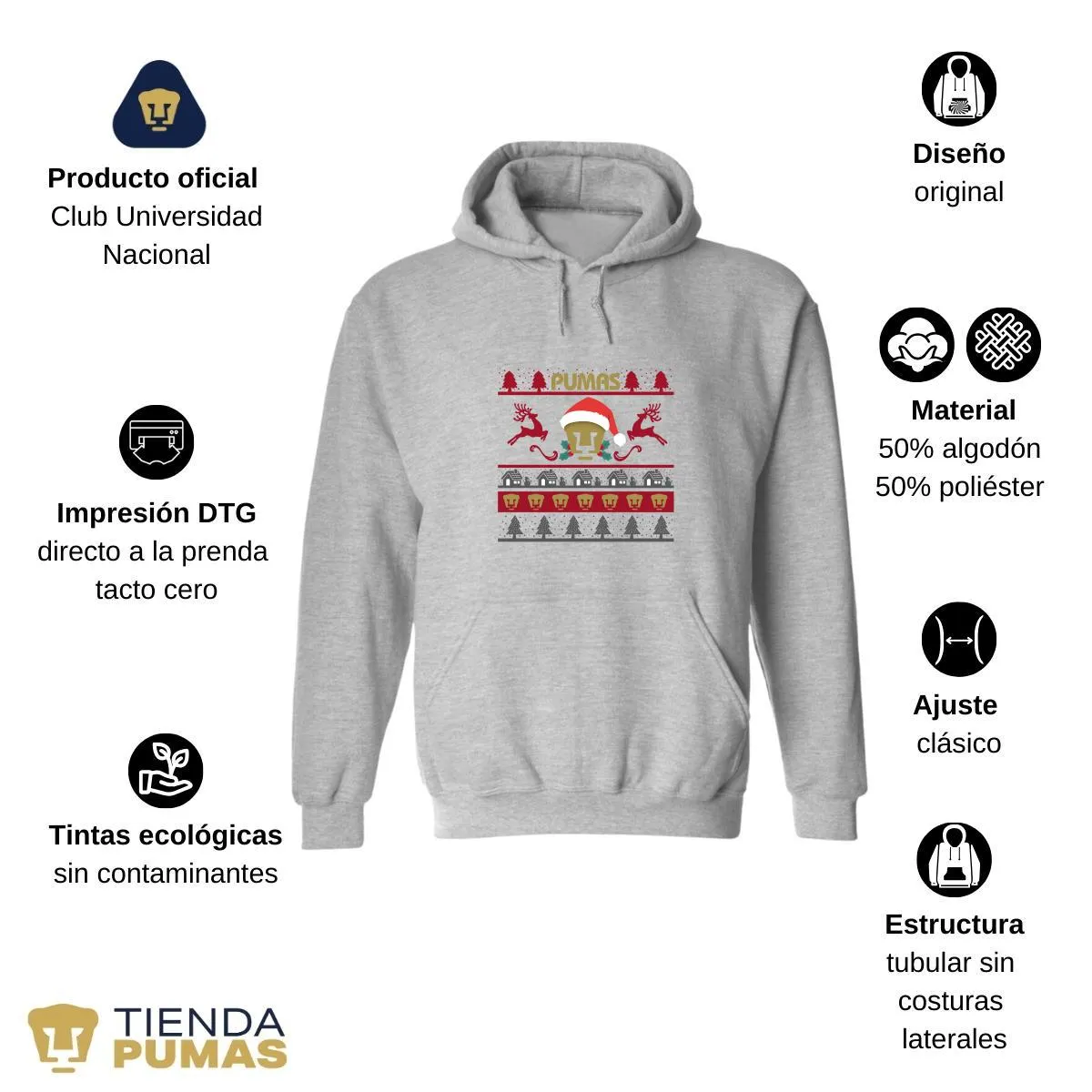 Sudadera Hombre Hoodie  Pumas UNAM Navidad Renos