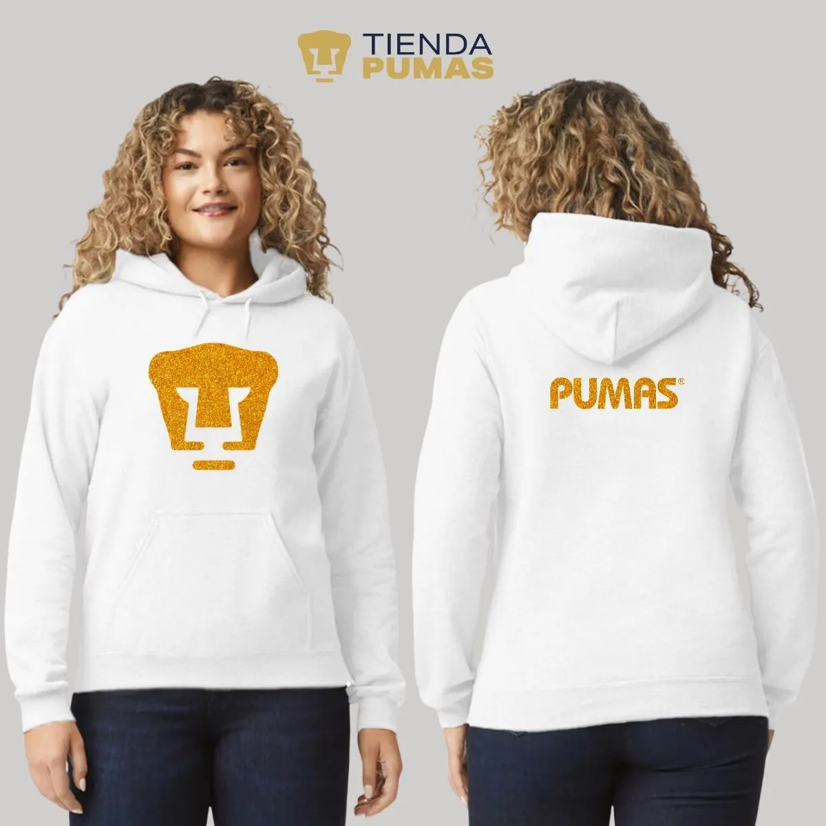 Sudadera Mujer Hoodie Pumas UNAM Logo Dorado Glitter