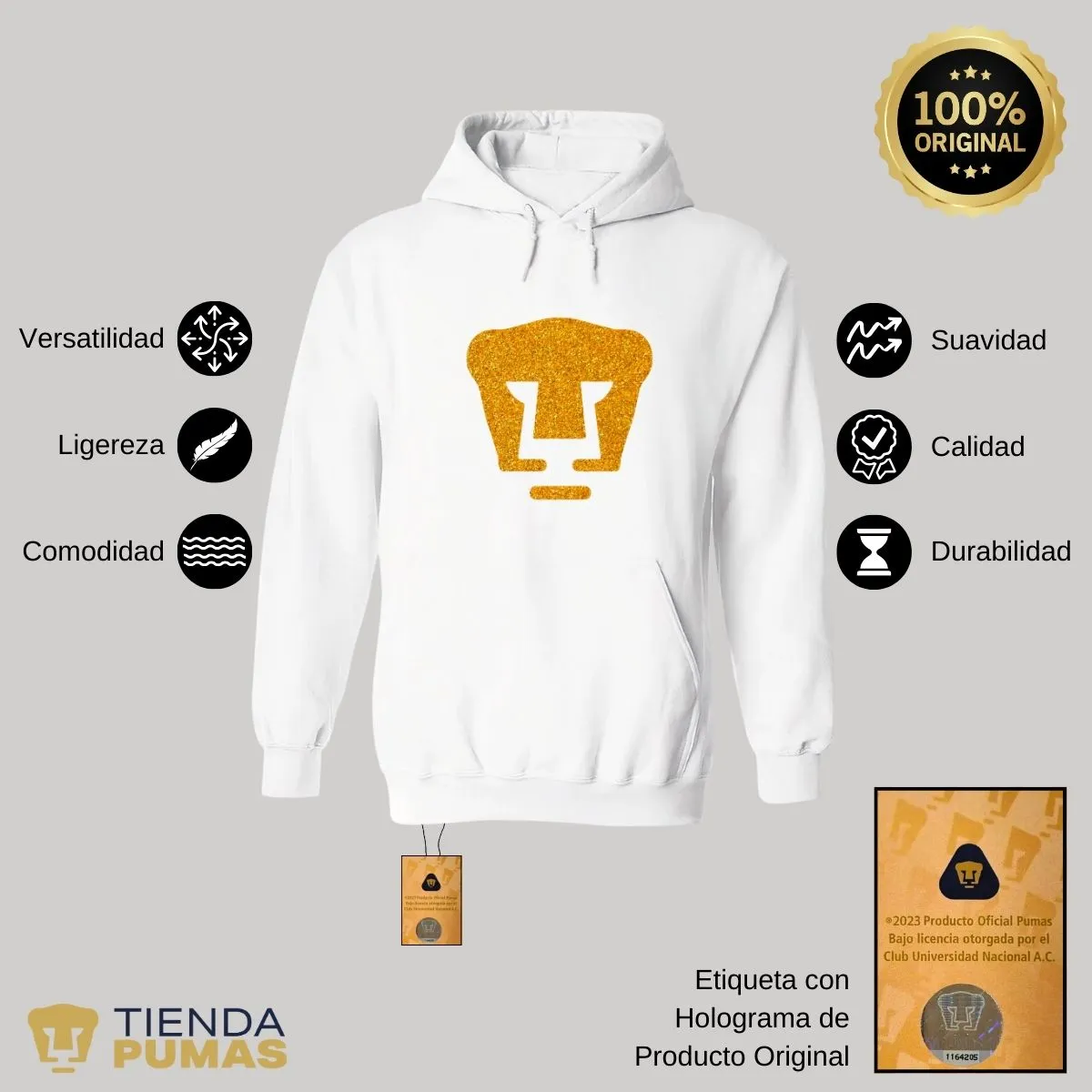 Sudadera Mujer Hoodie Pumas UNAM Logo Dorado Glitter