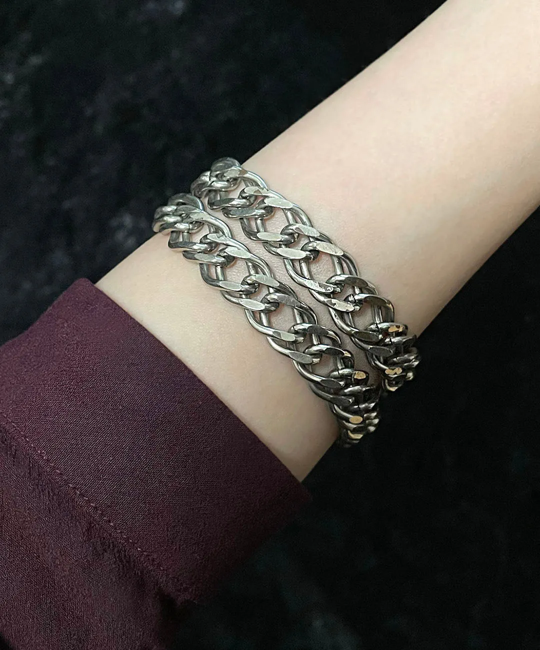 【USA輸入】ヴィンテージ ダブルチェーン シルバートーン ブレスレット/Vintage Double Chain Silver Bracelet