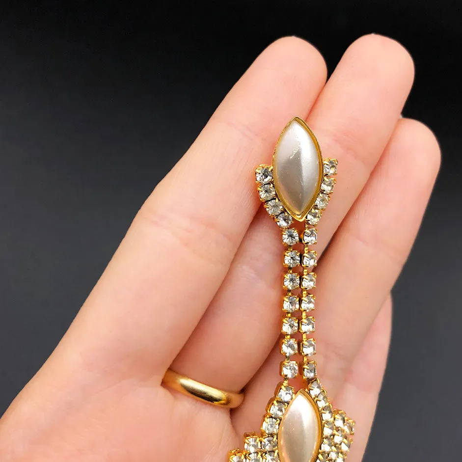 【USA輸入】ヴィンテージ パール クリアストーン ピアス/Vintage Pearl Clear Rhinestones Post Earrings