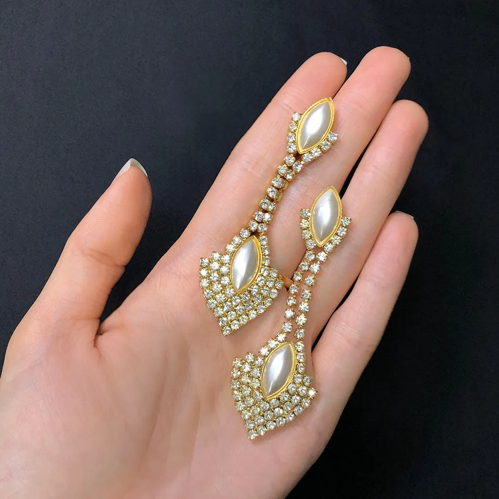 【USA輸入】ヴィンテージ パール クリアストーン ピアス/Vintage Pearl Clear Rhinestones Post Earrings