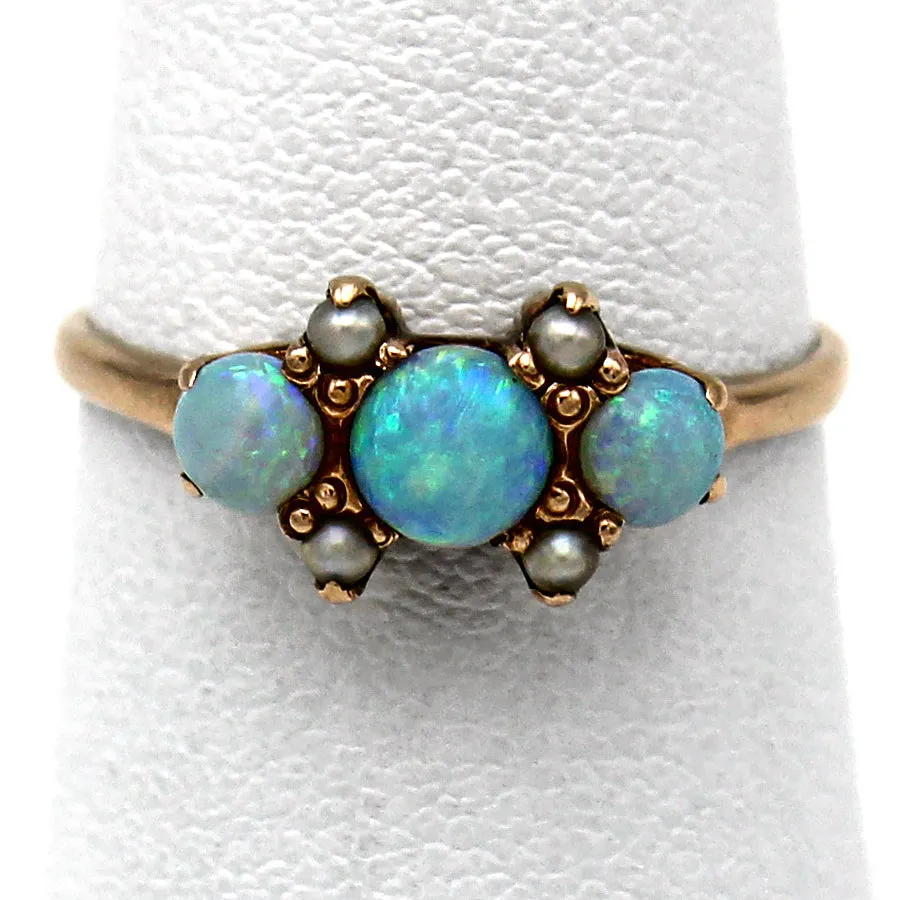 Vintage 10K Yellow Gold Opal & Sea Pearl Band Ring