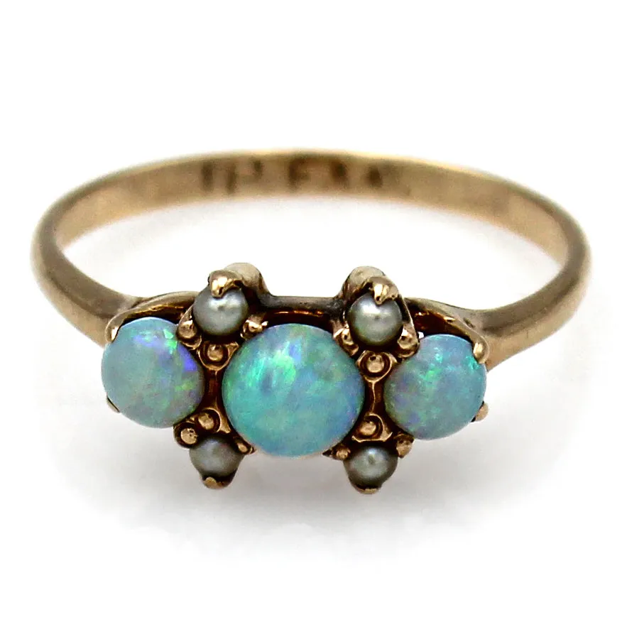 Vintage 10K Yellow Gold Opal & Sea Pearl Band Ring