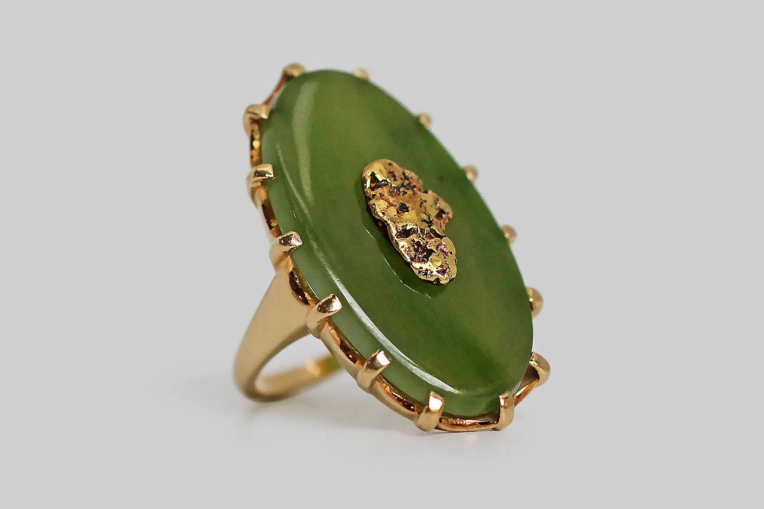 Vintage Large Nephrite Jade & Gold Nugget Ring in 10k Gold