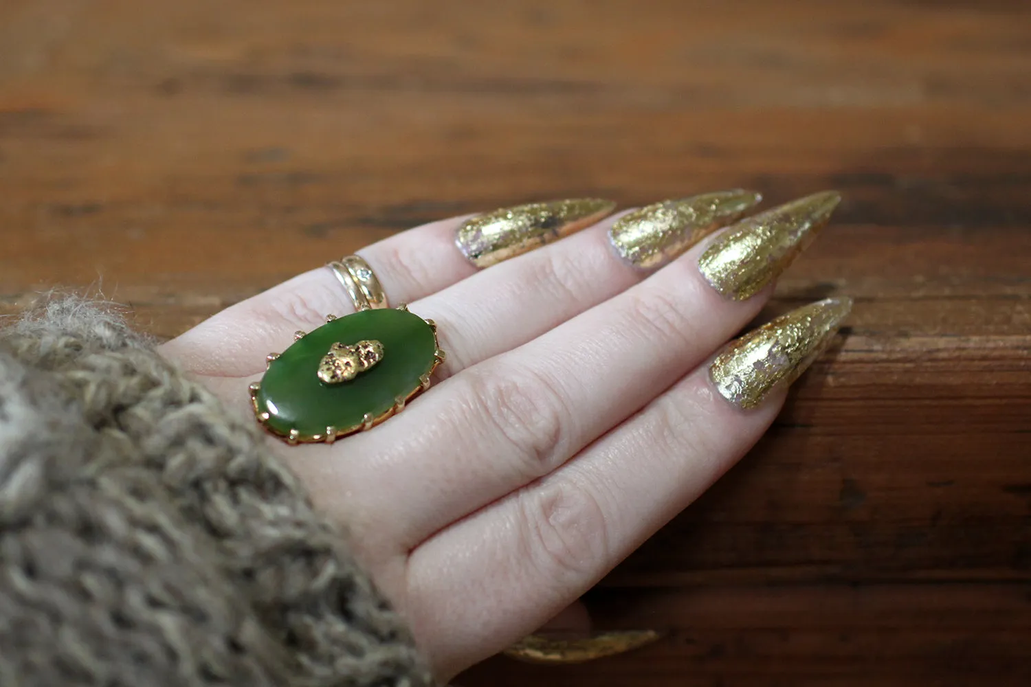 Vintage Large Nephrite Jade & Gold Nugget Ring in 10k Gold