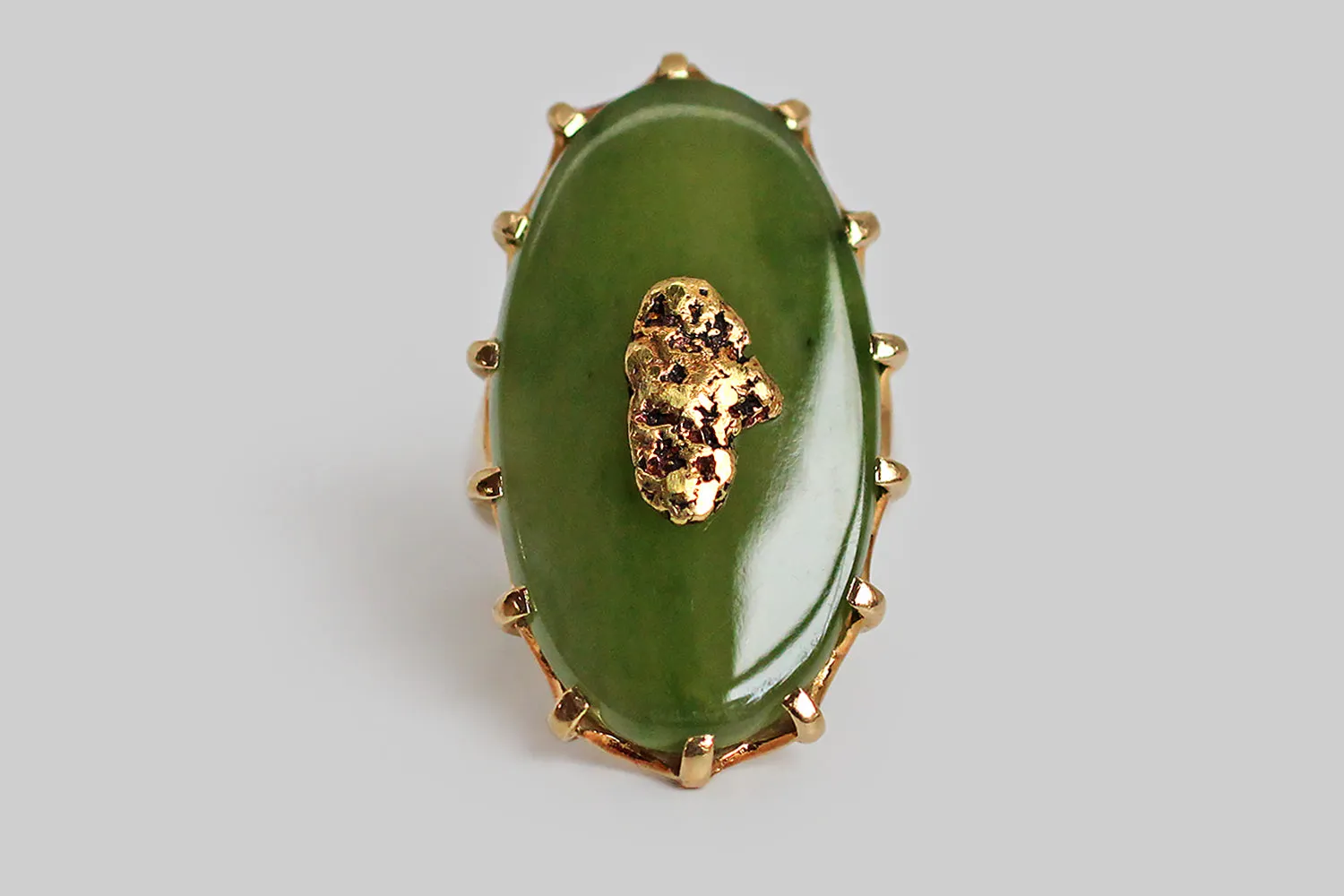 Vintage Large Nephrite Jade & Gold Nugget Ring in 10k Gold