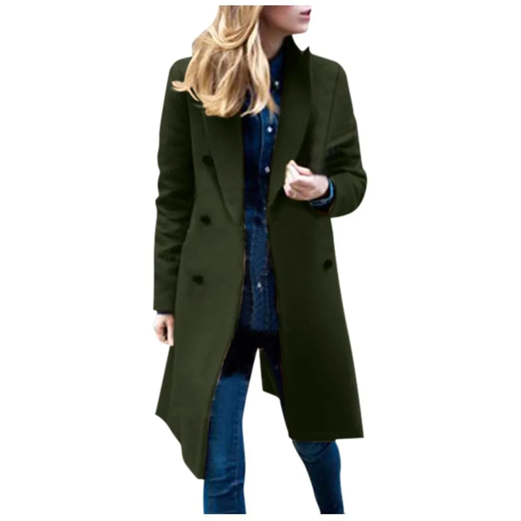 Women Lapel Collar Double Breasted Coats Solid Woolen Overcoat