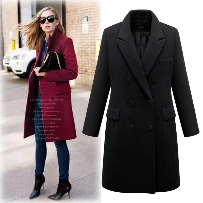 Women Lapel Collar Double Breasted Coats Solid Woolen Overcoat