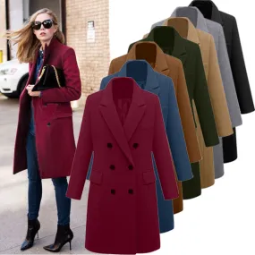 Women Lapel Collar Double Breasted Coats Solid Woolen Overcoat