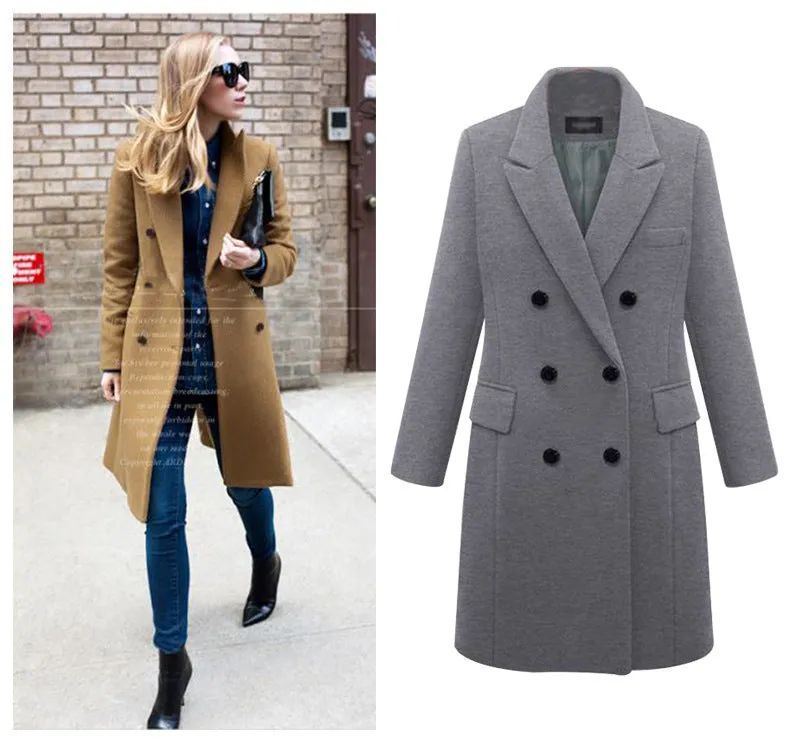 Women Lapel Collar Double Breasted Coats Solid Woolen Overcoat